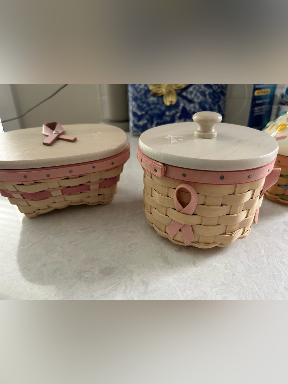 2 Longaberger Pink & Natural Woven Set. Cancer awareness. Cancer society